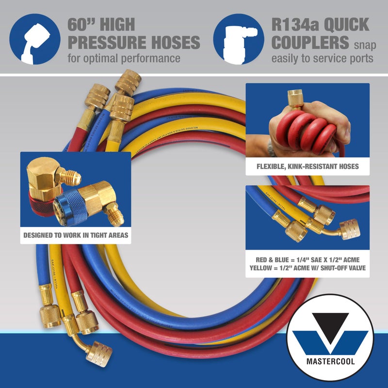 Mastercool 66661 2-Way Brass Manifold Gauge Set with 2 1/2" Silicone-Dampened Gauges, Economy Couplers, and 60" Hoses for R134a - U.S. Assembled & Tested - Image 5